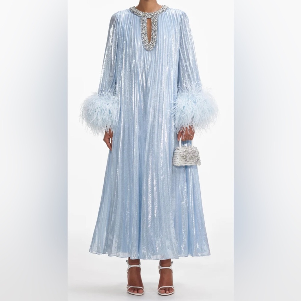 Self-Portrait Blue Metallic Chiffon Feather Midi Dress